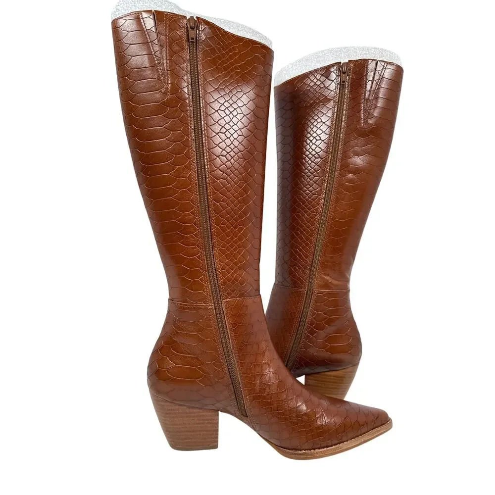 Matisse‎ Bruna Tall Boots Womens 7.5 M Leather Tobacco Crocodile Texture Zipper